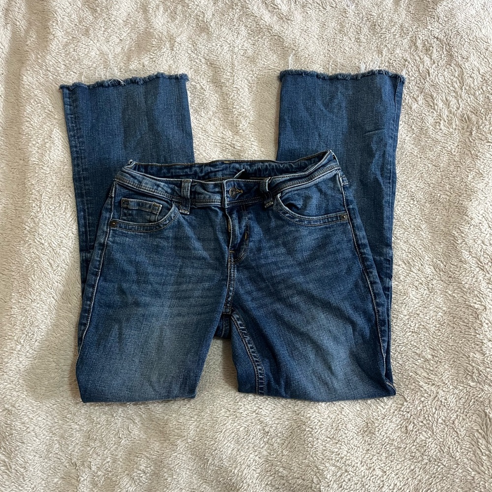 H&M Dark Wash Mid-Rise Flare Jeans | Raw Hem Flare Leg Denim